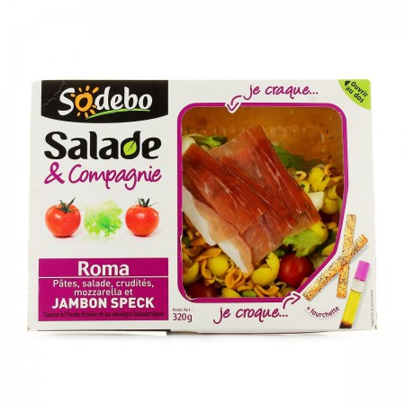 Salade & Compagnie Roma pâtes, salade, crudités, mozza, jambon speck